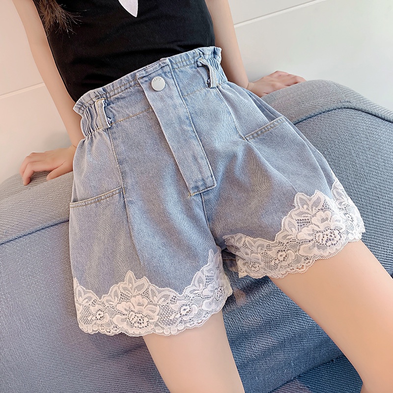 DIIMUU Summer Fashion Girls Short Pants Casual Denim Shorts 5-13 Years Kids  Children Short Trousers Lace Clothing Girl Bottoms Elastic Waist Clothes