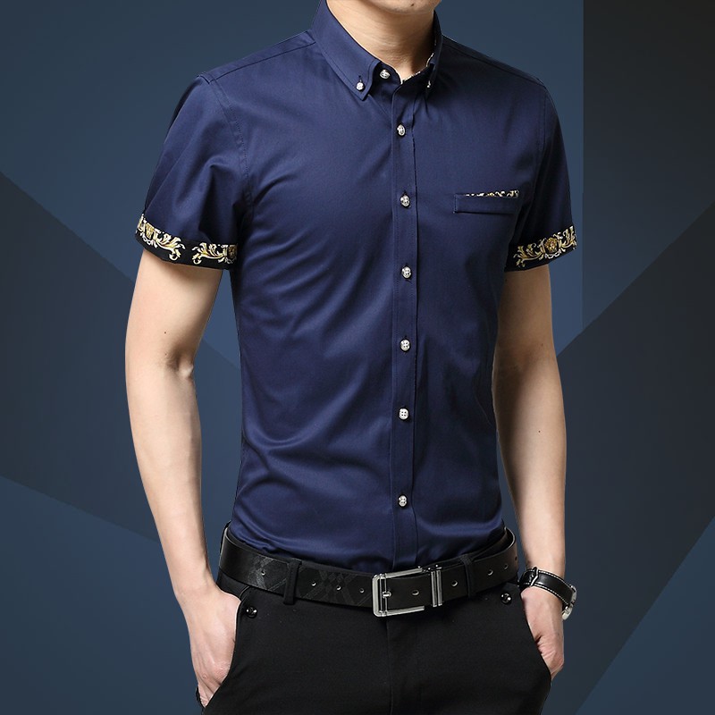 Short Sleeve Men Shirt Fashion Floral Work Shirts Korean Business Slim ...
