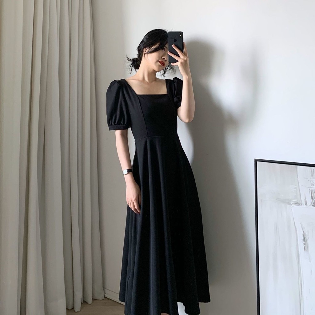 princess polly baby blue dress Hepburn style little black dress female 2020 summer new French retro square  neck long over-the-knee puff sleeve <