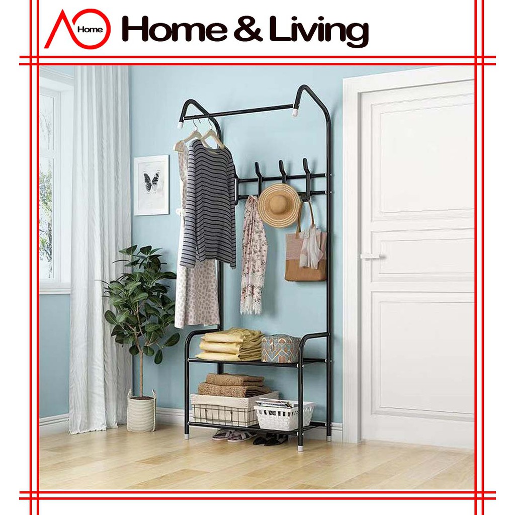 AO Home L Shape Rack Hanger Floor Single Pole Drying Rack Household Bedroom with double organizer Clothes Rack Shopee Singapore