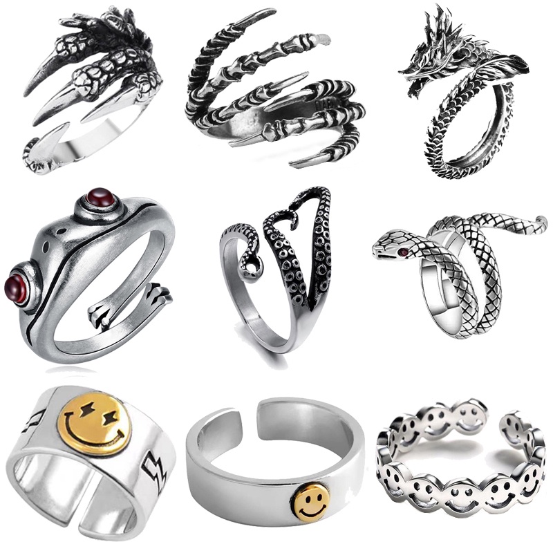 Vintage Men Women Snake Frog Happy Smile Rings Open Adjustable Punk ...