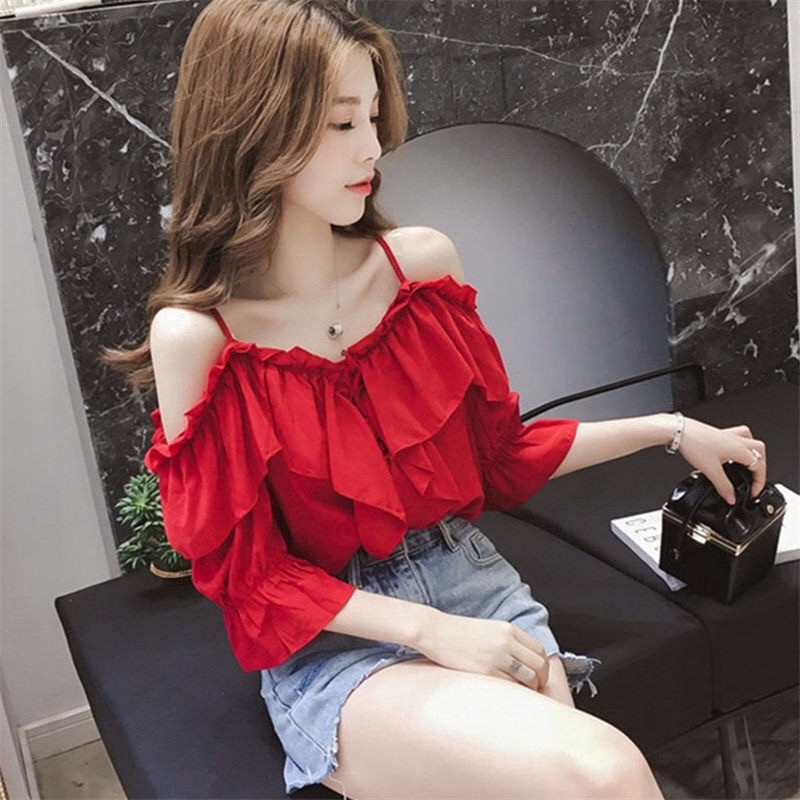 Sexy Women Off Shoulder Tops Summer Slim Ruffle Blouse Clothing