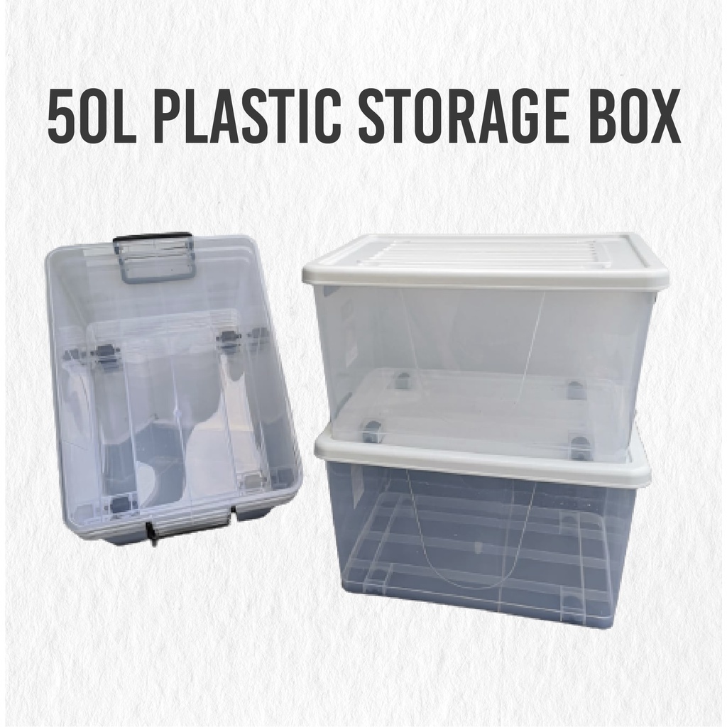 Transparent Multi Purpose Plastic Storage Box 50L Big Capacity Stackable  Storage Organizer With Wheels
