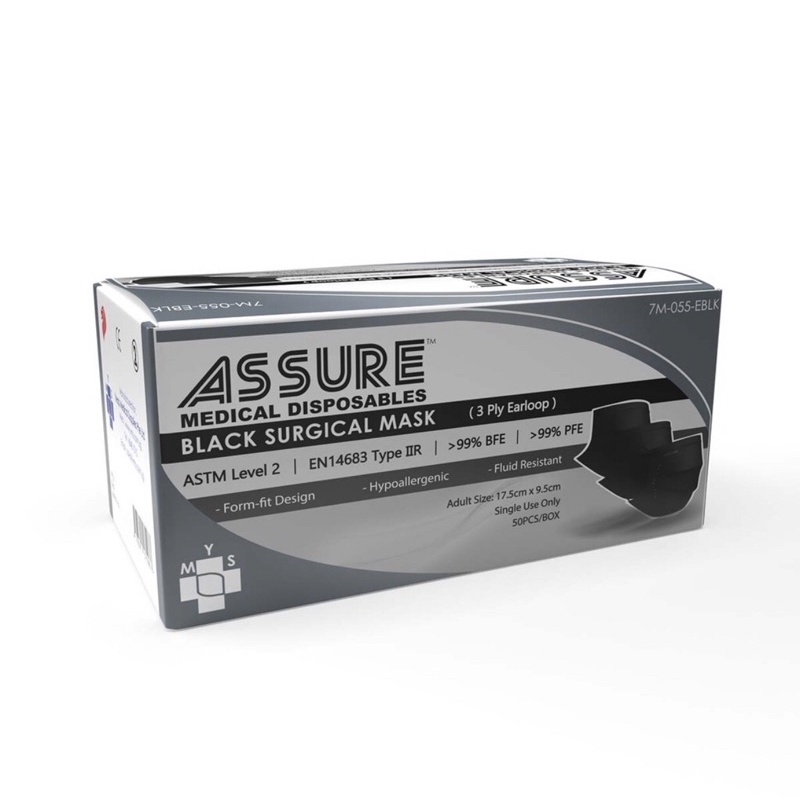 Assure Black Surgical Face Mask Medical Grade 99%BFE&PFE 3-Ply Earloop ...