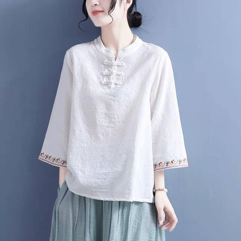 【Joy Joy Clothing】C.XBS5.Cotton Linen Jacquard Embroidered Trumpet Sleeve Shirt Women 2022 Spring New Style Chinese Vintage Buttoned Stand Collar Short Top