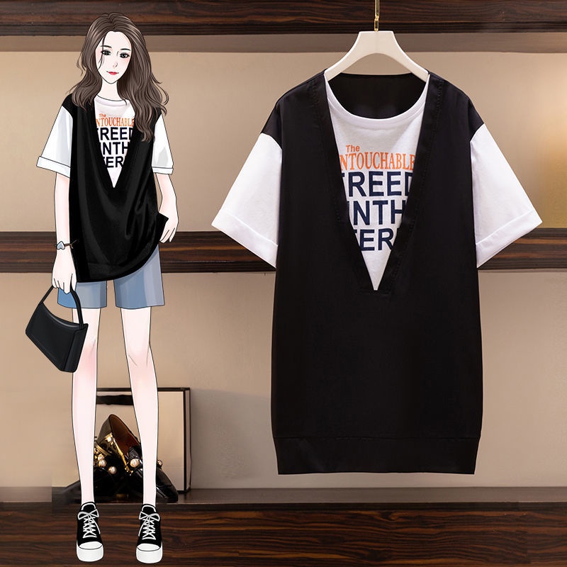 Plus Size Women's Clothing 2022 Summer New Style Loose Fake Two-Piece t-Shirt Slimmer Look Short-Sleeved Top