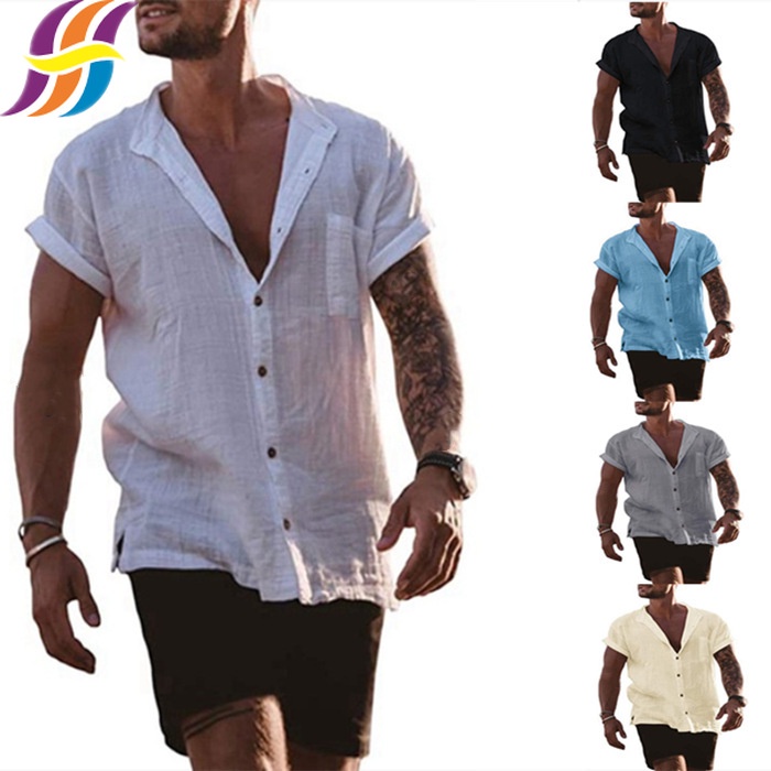 Mens Casual Short Sleeve Cotton Linen Shirts Button Down Loose Fit Summer  Beach Shirts Lightweight Pocket Plain T-Shirts