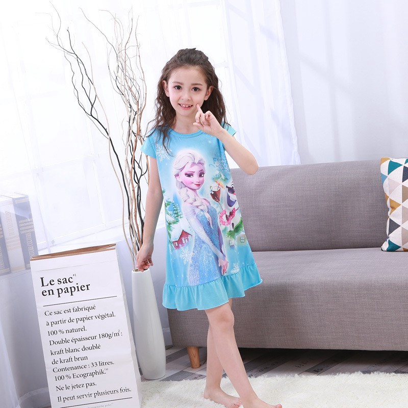 Girl Dresses Short Sleeve Pajamas Sleepwear Princess Frozen Elsa Anna ...
