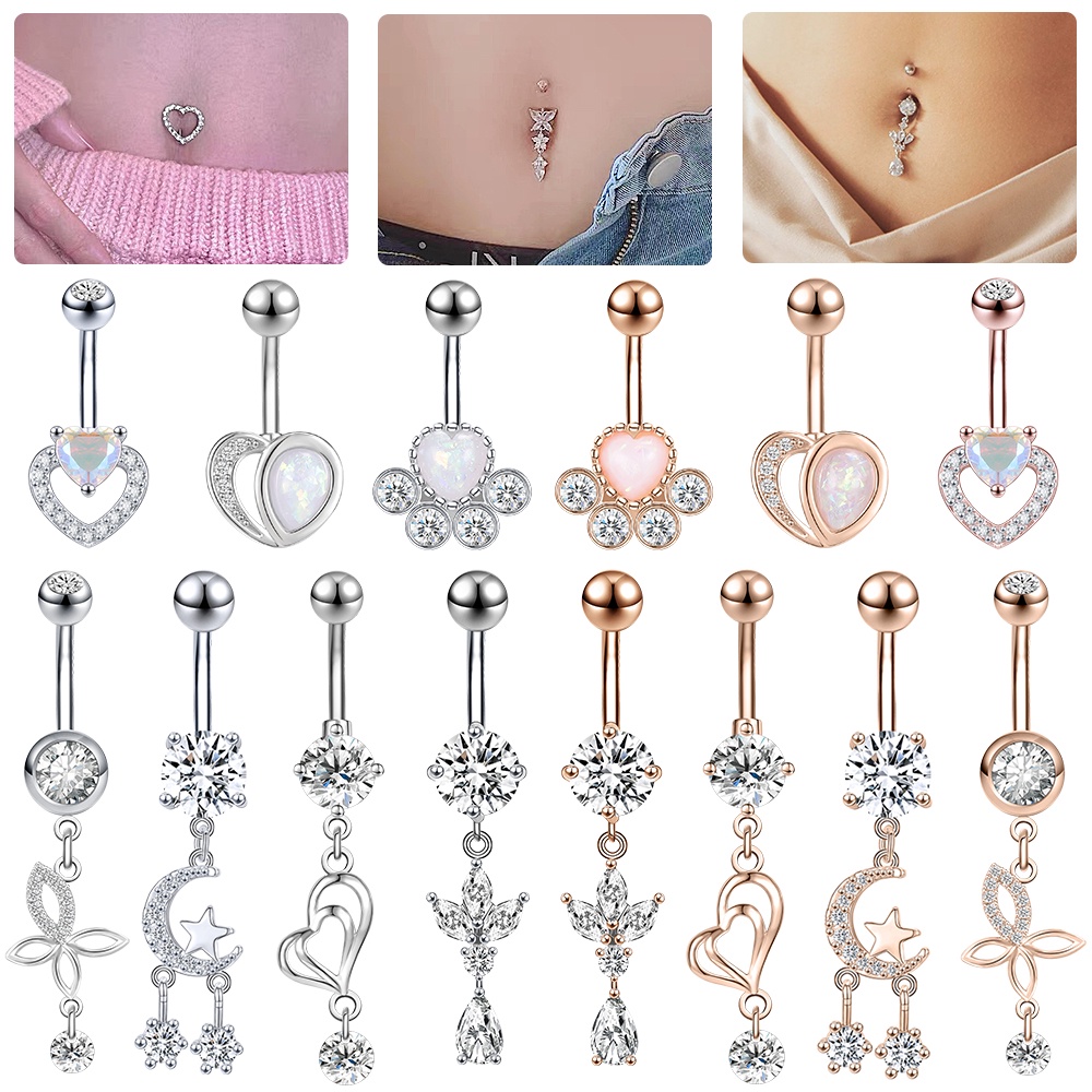 1 Pc Opal Heart Crystal Belly Button Ring Stainless Steel Butterfly Star  Navel Piercing Long Pendant Drop Belly Rings