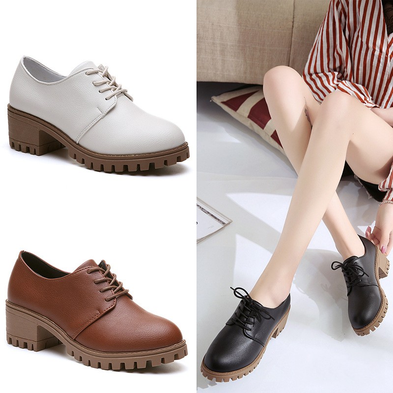 Spring And Summer New British Style Thick Heel Small Leather Shoes 