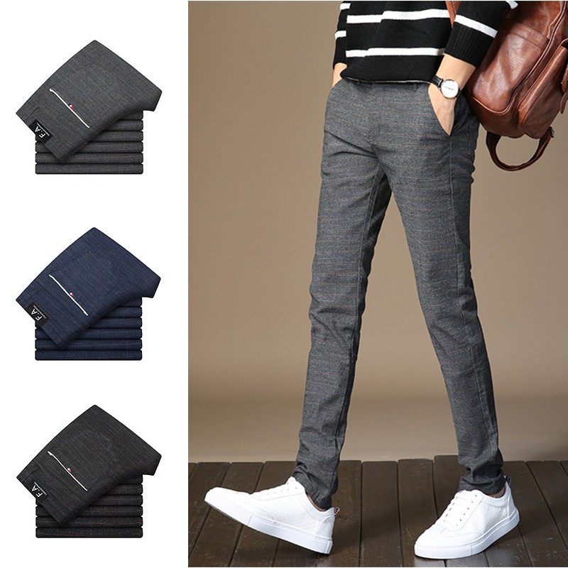 Korean Men's Long Casual Pants Light Stripe Slimfit Business Trousers ...