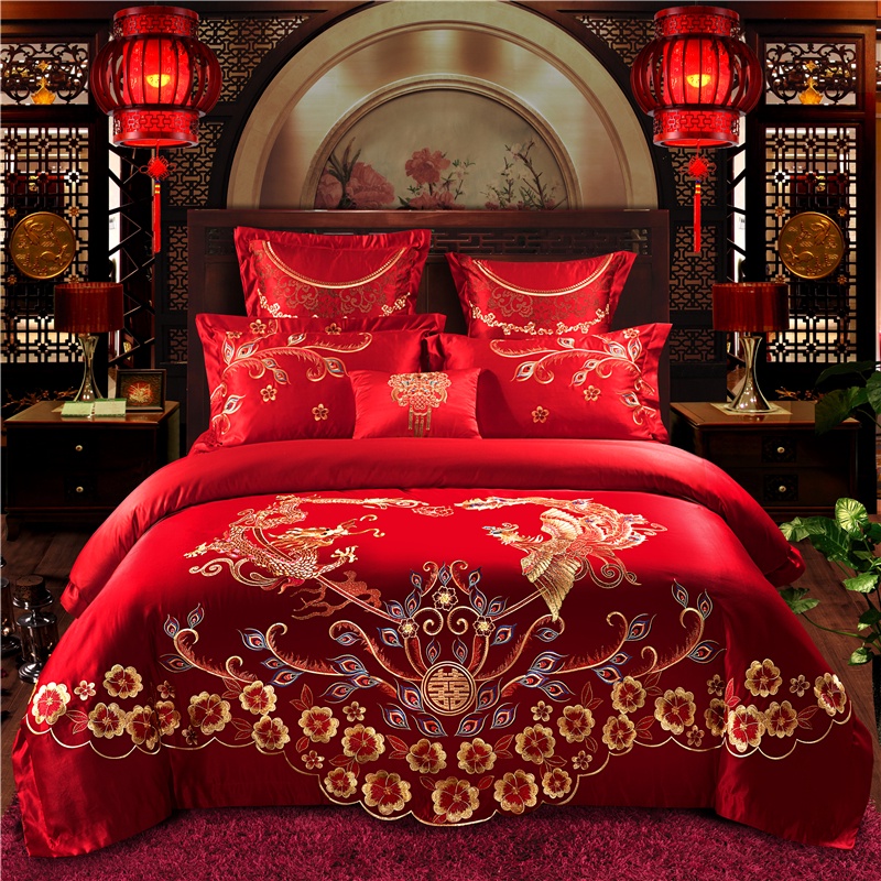 4 IN 1 Chinese Wedding Bed Sheet Sets Embroidery Red Bedding Set Queen