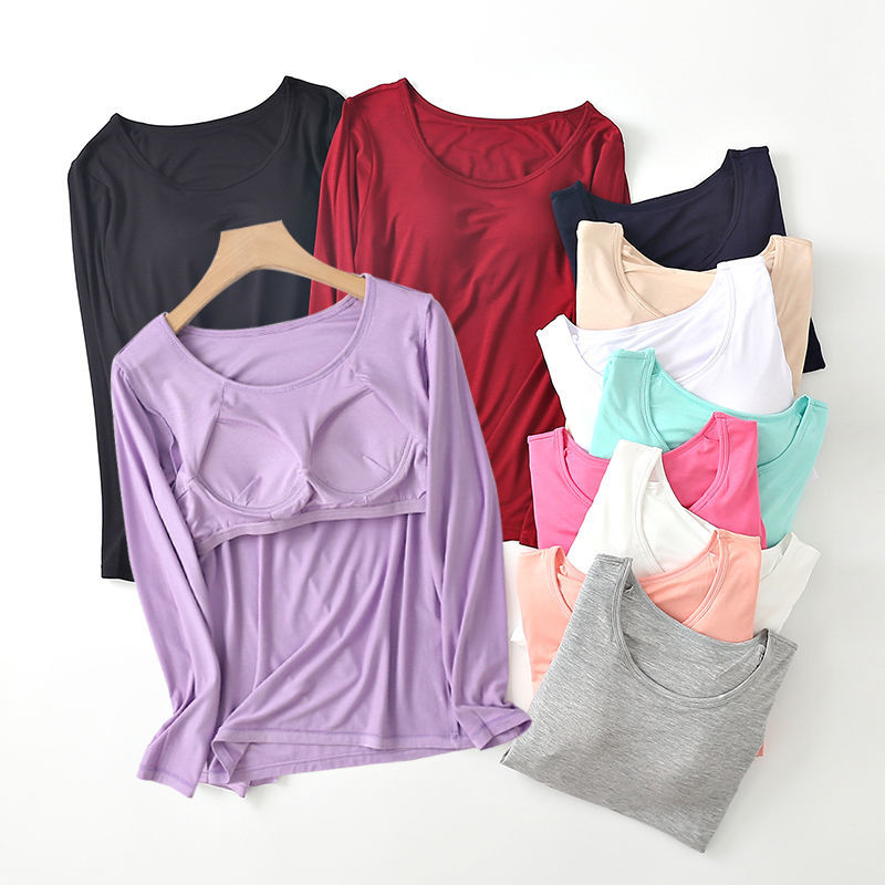 Bra Padded Basic T-shirt Women Modal Long Sleeve O Neck Solid Tee Shirt  Built In Bra Casual Soft Breathable Tee Tops