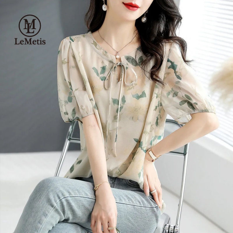 LeMetis Floral Chiffon Blouse Wave Selvedge Puff Sleeves Shirt for ...