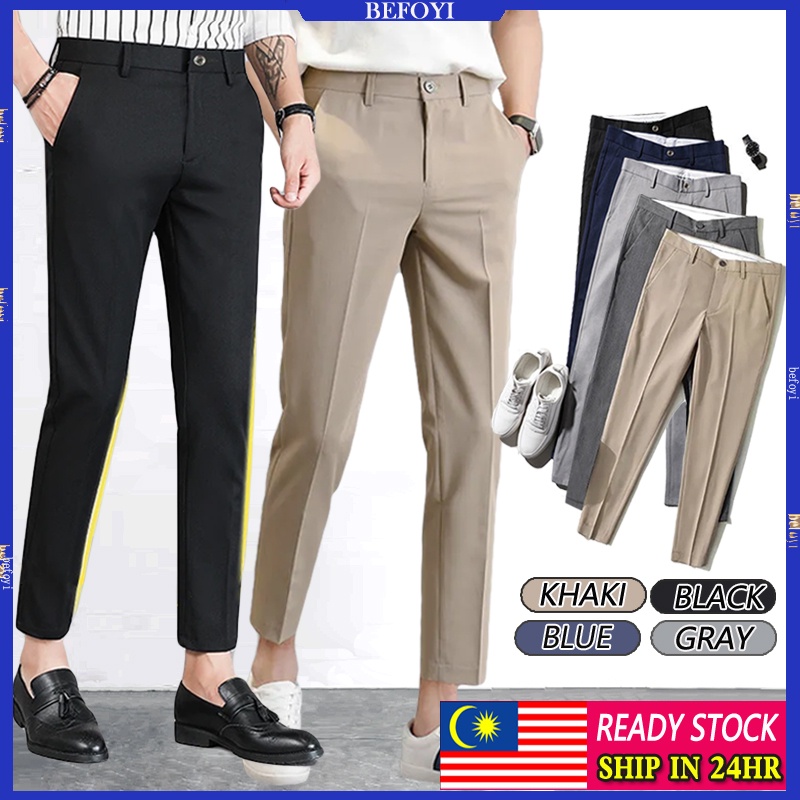 Ready Stock) Men's Cropped Trousers Formal Pants Korean Suit Slim Fit  Office Black Slack Ankle Length