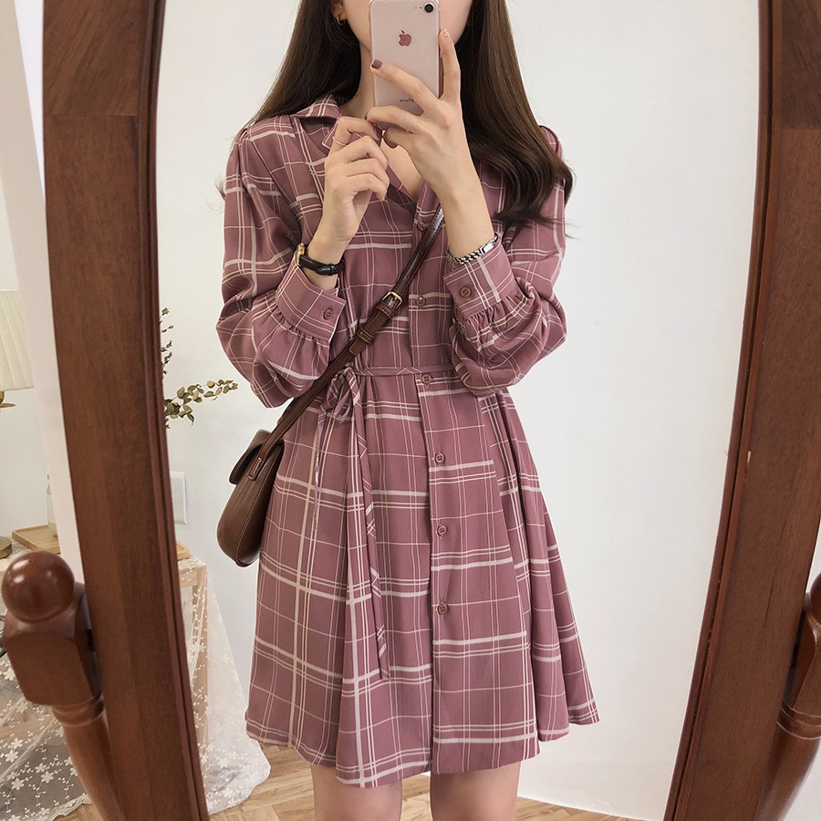 Korean Women Vintage Causal Long Sleeve Plaid Check Lace-up Tunic Midi  Dresses | Shopee Singapore