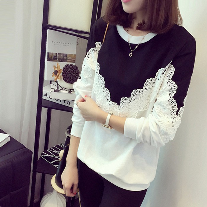 Women's t-shirt long sleeved Blouse Korean Clothing Big Size Stitching Lace Tops