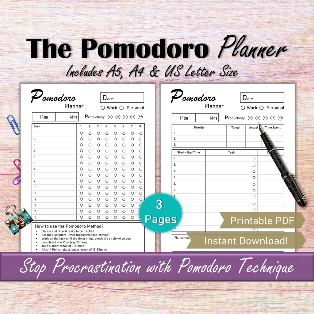 Pomodoro Procrastination Planner, Time Management Pomodoro Technique ...