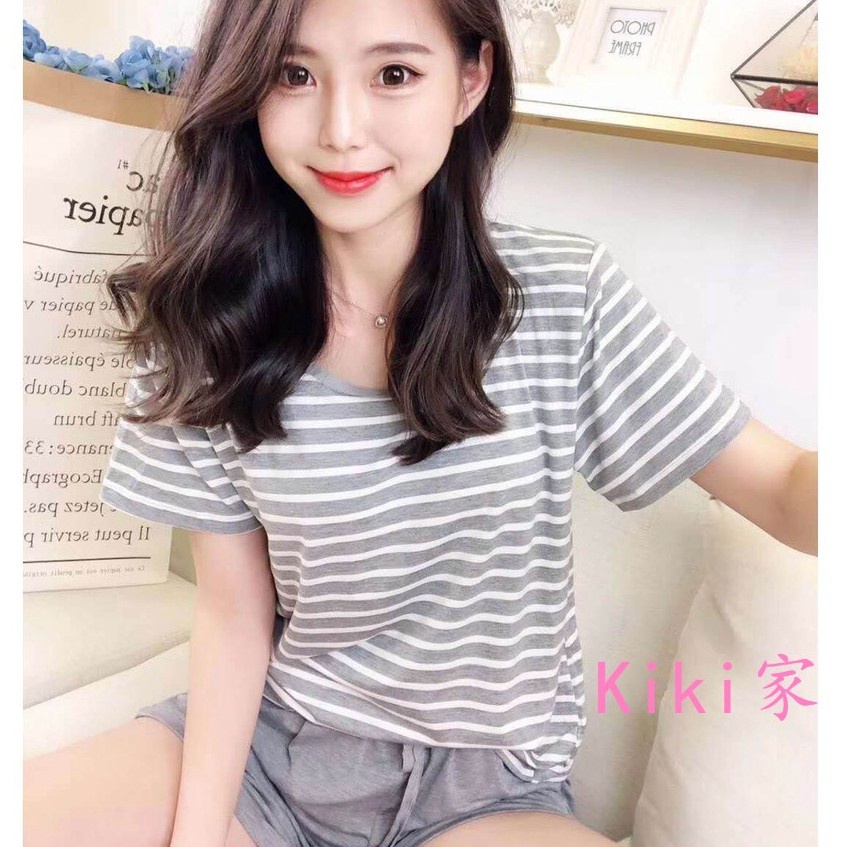[Kiki's Home] Summer Loungewear Suit With Bra Modal Pajamas Women's With Chest Pad Striped Half-Sleeved t-Shirt Top Shorts Can Wear Outside Breathable Fabric