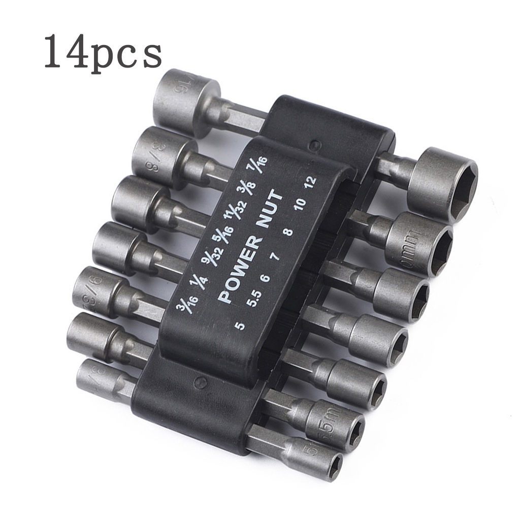 14pcs 512mm Imperial Socket Nut Impact Driver Adapter Drill Bits Set 1/4 Inch Hex Shank Tool