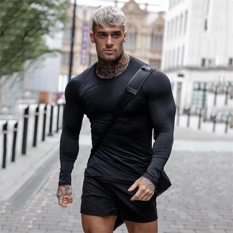 Men Gym Fitness T-shirt Compression Skinny Bodybuilding t shirt Muscle Autumn Long Sleeve Sports Workout Tee Tops Brand Clothing