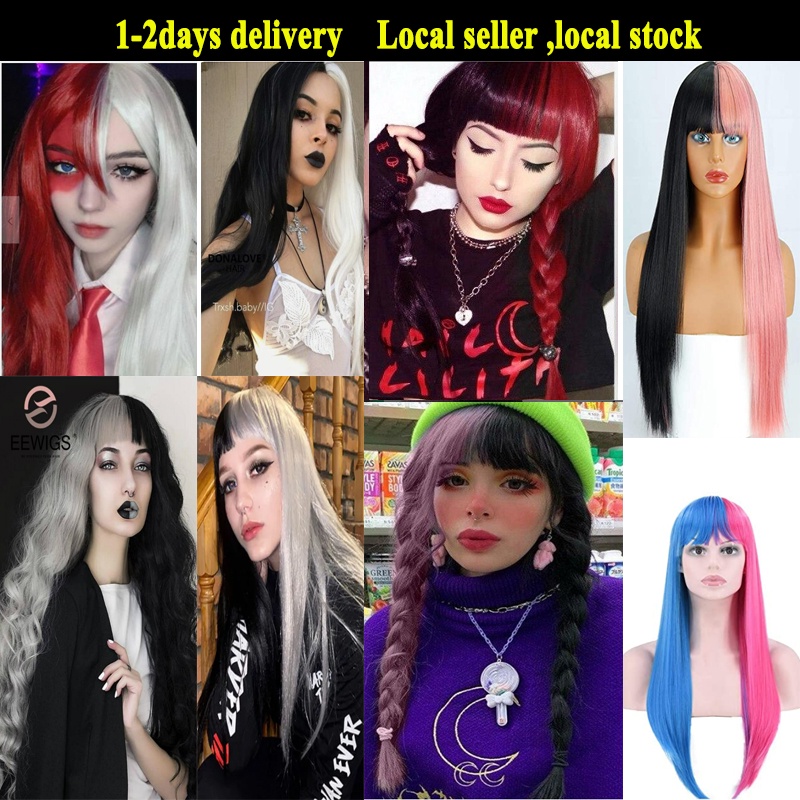 Lolita Cosplay Wig Half Pink Half Black Wig Long Straight Wig Halloween Wigs Two Tone Ombre Color For Women Girl Wigs