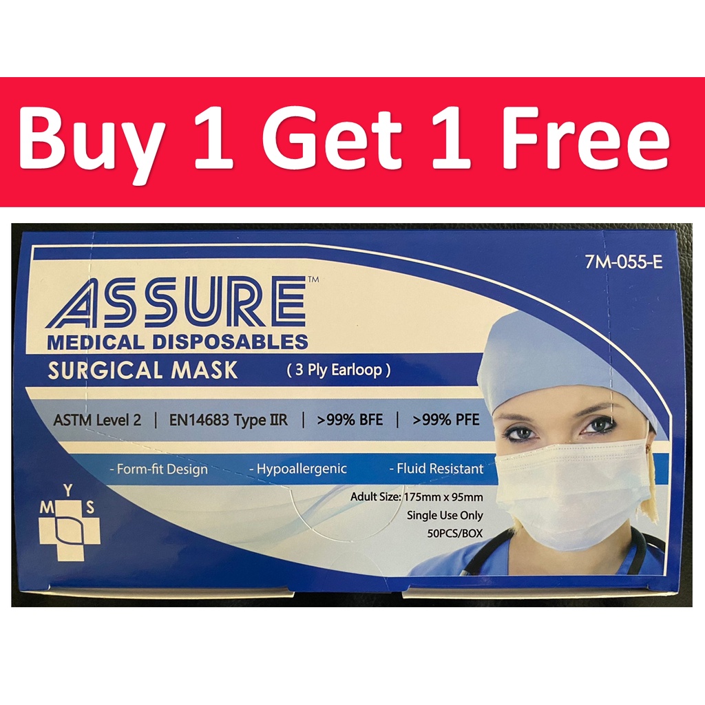 [BUY 1 FREE 1] ASSURE Adult Surgical Mask 3-Ply Earloop Disposable ...