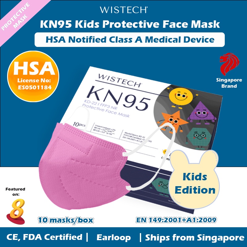Wistech Pink KN95 Kids Protective Facemask , 10 pieces, HSA Notified Medical Device FDA CE Approved, Fast delivery