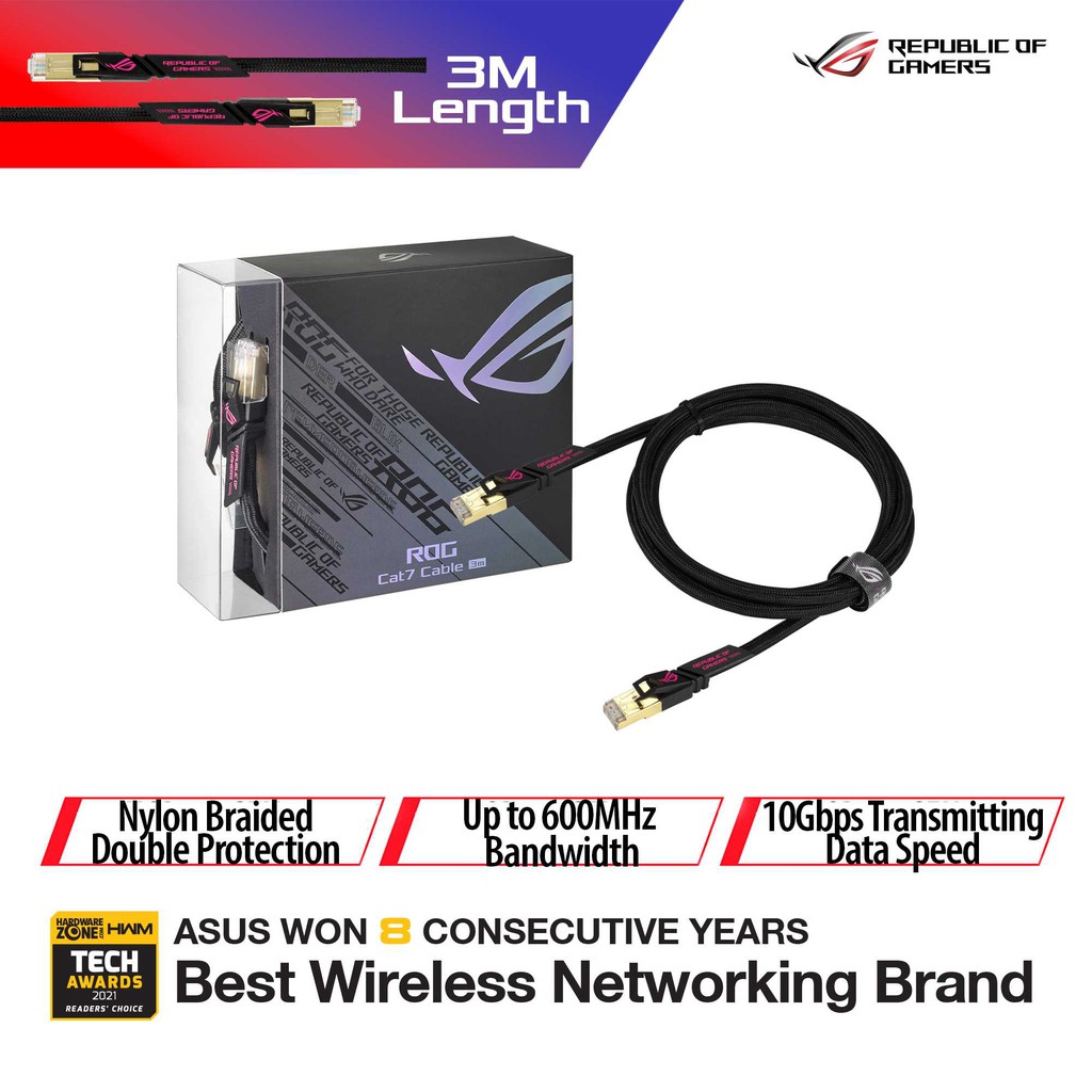 ASUS ROG 3M CAT7 Cable, Up to 600 MHz &10GB Transfer Rates CAT 7 RJ45 ...