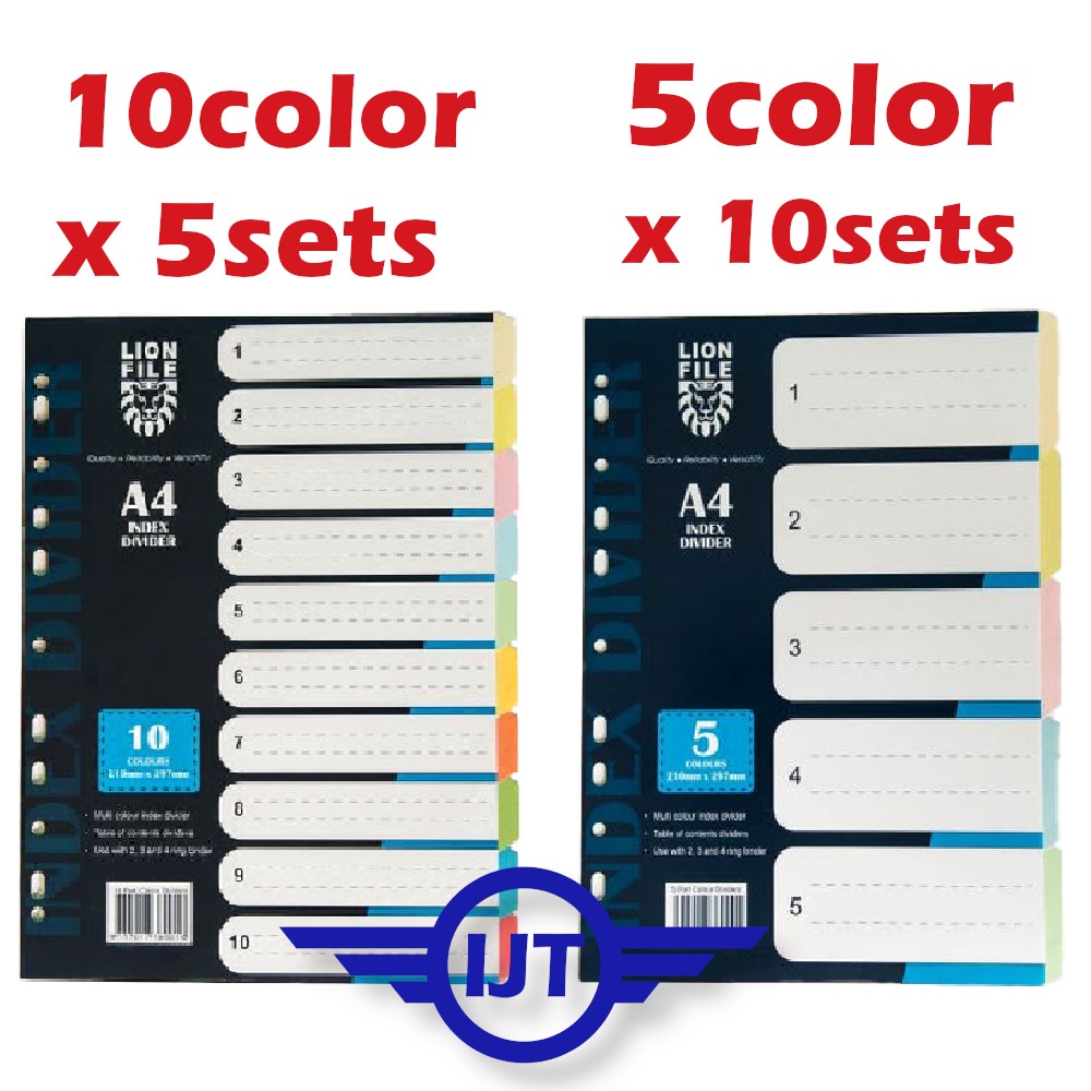 Lion File A4 Index Divider Filing Seperator Paper Type 5 Sets 10 Colors ...