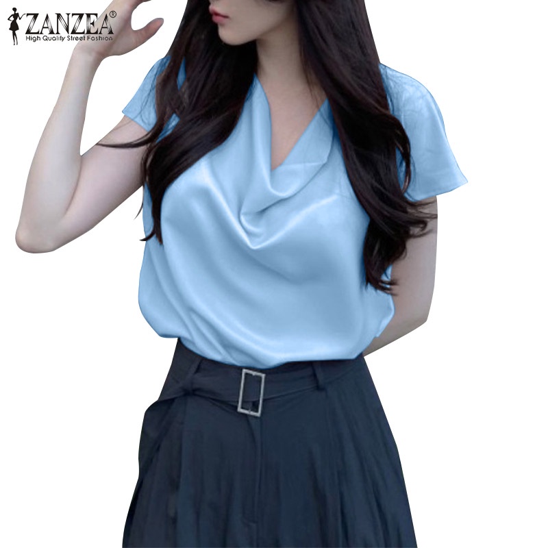 ZANZEA Women Short Sleeve Pleated Draped Collar Fashion Satin Blouse ...