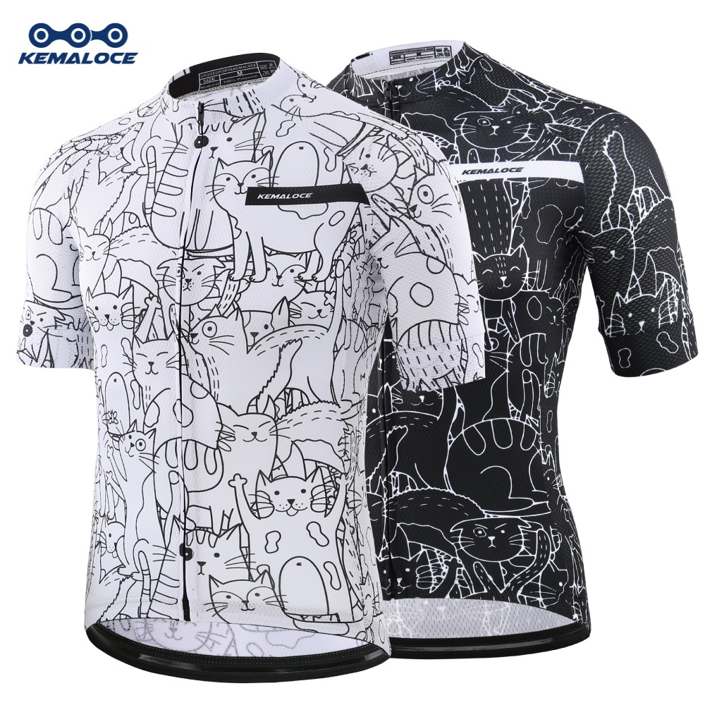 KEMALOCE Breathable Cycling Jersey White Cartoon Cat Men Bike Jersey Team Road Bicycle Wear Shirts Top