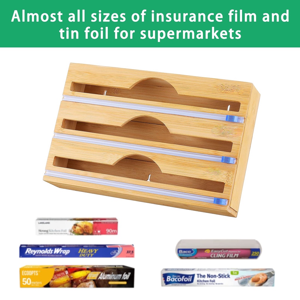 kitchen organiser Cling Film Cutter Bamboo Plastic Wrap Dispenser for