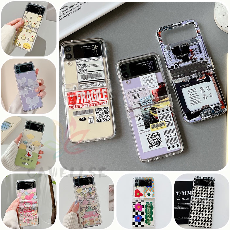 Cute Cartoon Print Three-piece BearClear Casing Samsung Galaxy Z Flip 4 Z Flip 3 5G Z Flip 4 Zflip3 Hinge Hard PC Shockproof Protective Samsung Z Flip4  Z Flip 3 Phone Case