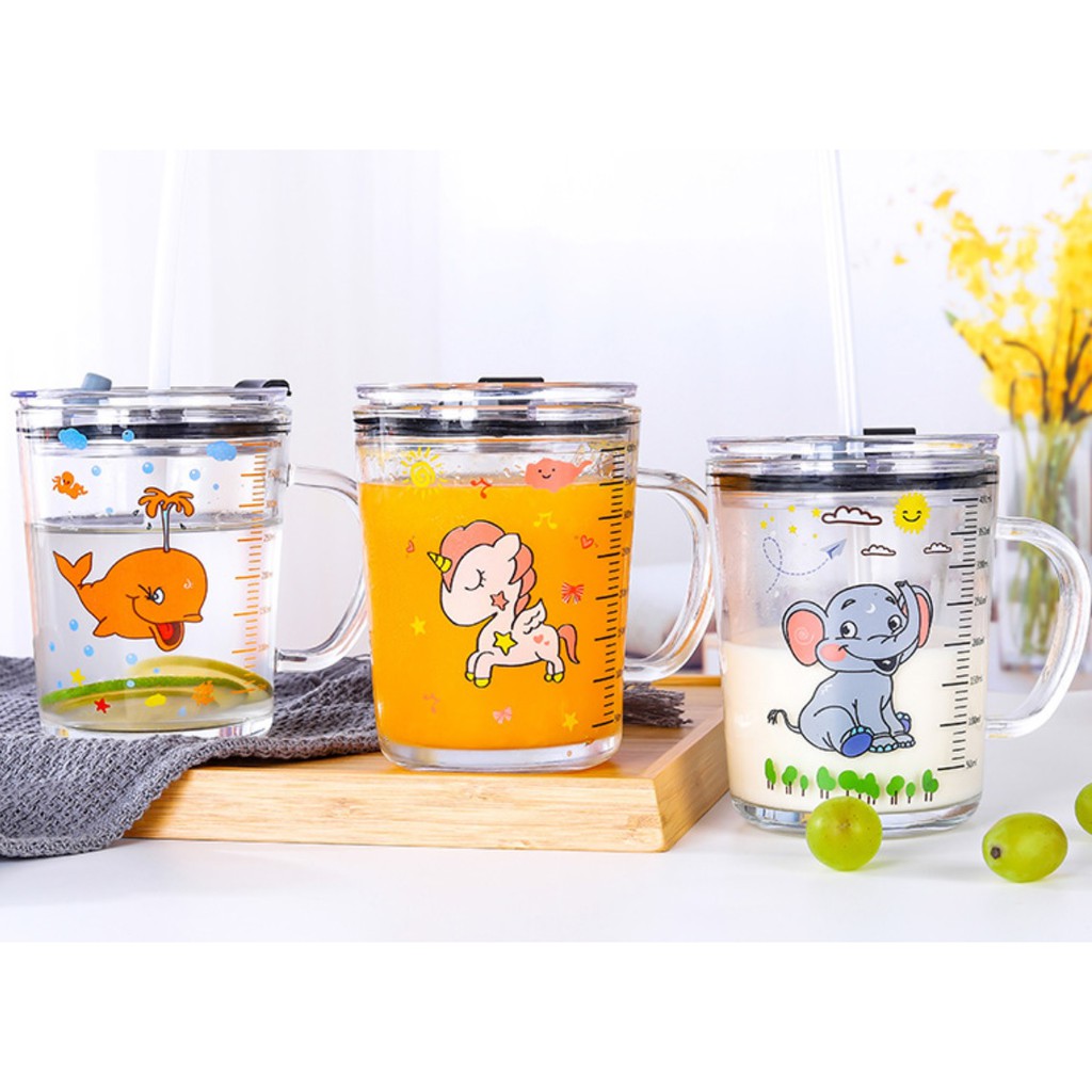 Milk Glass With Lid Size 350 ml. **Silicone Straw** Glass Cup | Shopee ...
