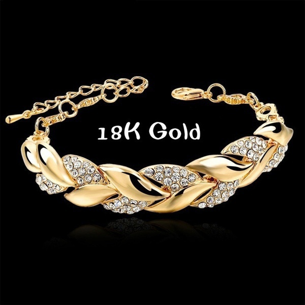 Luxury 18K Gold Braided Leaf Bracelets for Women Crystal Hand Chain for Bridal Wedding Jewelry