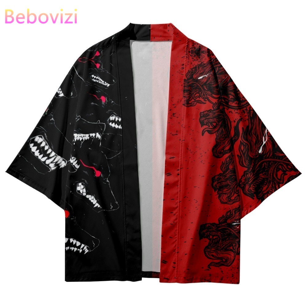 Japanese Traditional Dragon Print Color Matching Kimono Men Women Yukata Cardigan Shirts Cosplay Haori Samurai Clothing