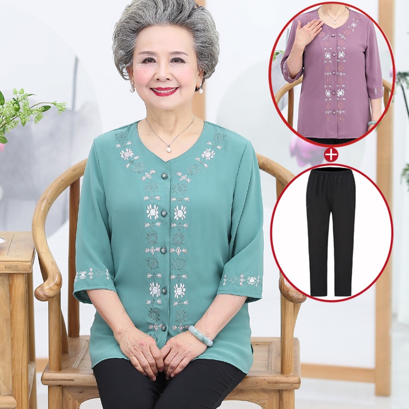2021 Fanny Shop Grandma's Clothes Summer Chiffon Shirt for Middle-Aged and Elderly Women's Spring and Autumn Shirt for Moms Spring Clothing Suit Clothes for the Elderly