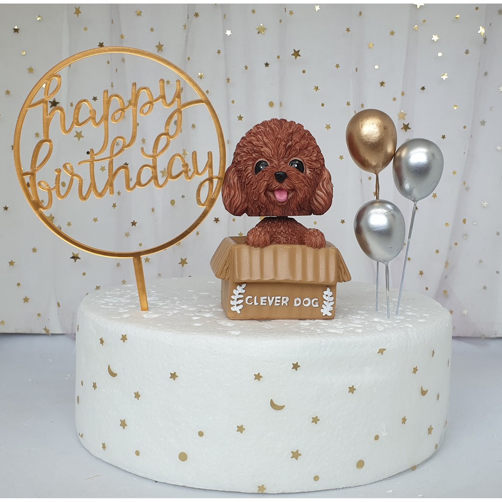 Pet Birthday Cake Topper|Poodle Figurine with Balloons Happy