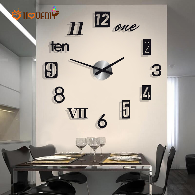 3D Black DIY Big English Numbers Wall Clock / Acrylic Mirror Frameless ...