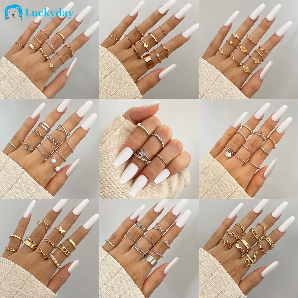 YEEZII 10Pcs/Set Korean Diamond Pearl Ring Set Butterfly Snake Chain Rings Gold Silver Couple Ring Women Accessories Jewelry