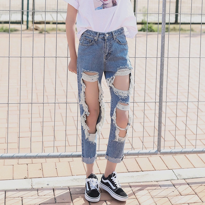 Women Elastic Hole Leggings Short Pants Casual Street Style Denim