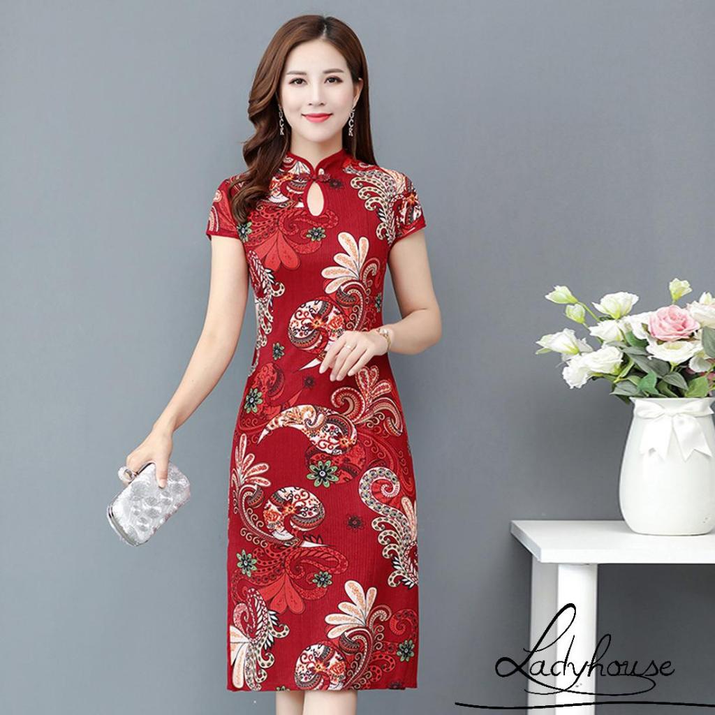 LD-Women Chinese Dress Midi Length Cheongsam, Vintage Pattern Side ...