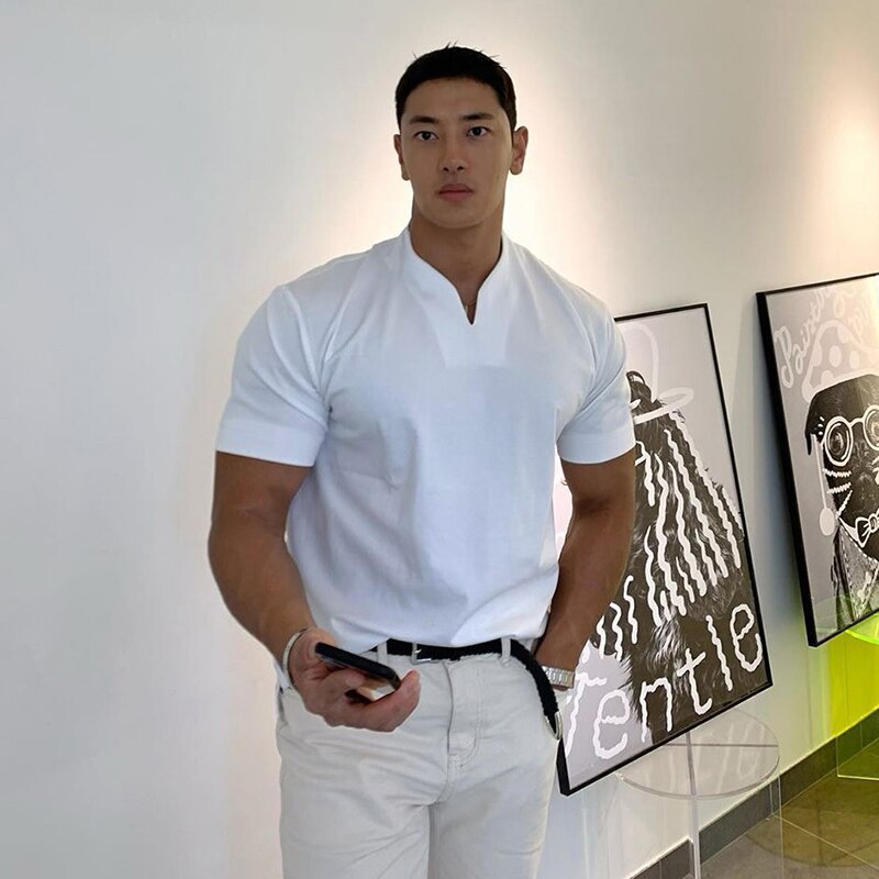 Muscleguys Brand Clothing Fashion V neck Short Sleeve T Shirt Men Slim Fit T-shirt Men Sport Casual Summer Gym Fitness Tee shirt