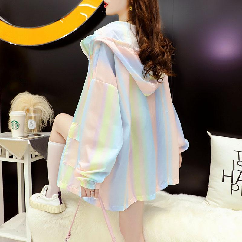 Rainbow Color Jacket Women Sunscreen Clothing Spring Summer Hooded ins Casual Top Protect Skin