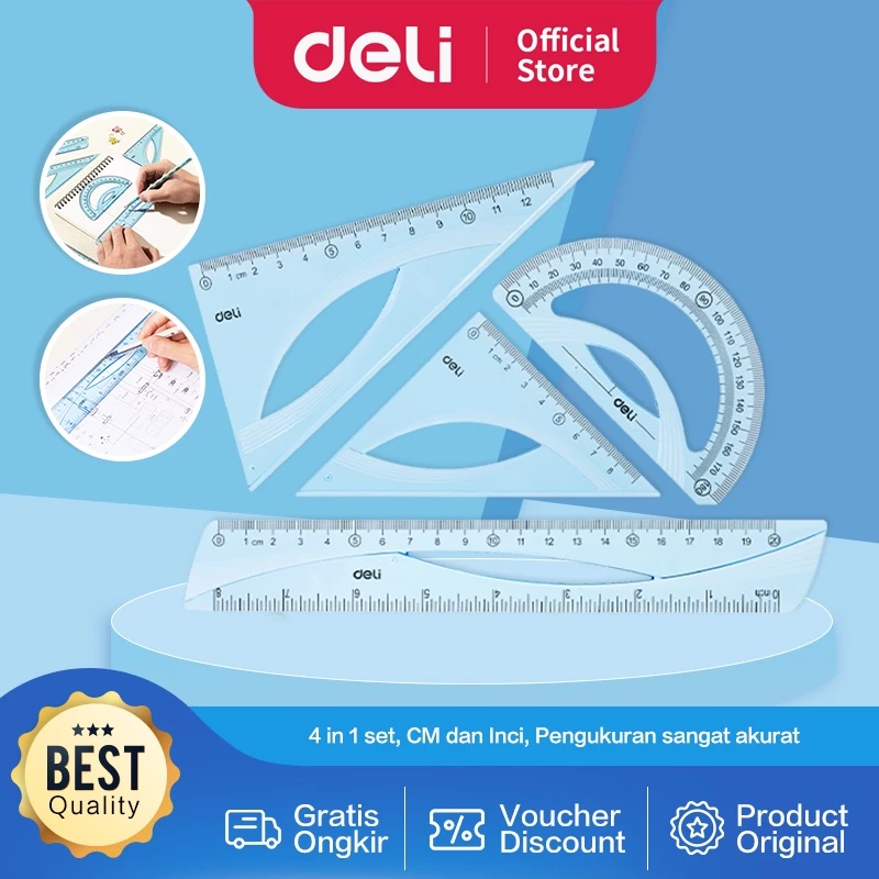 Deli Ruler Set / Set Penggaris 4 in 1 Kokoh Pengukuran CM dan Inch EH12