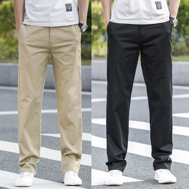 Men Straight Casual Pants Loose Cotton Long Trousers Black Khakis