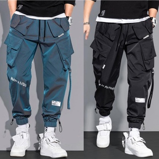 Hot】Techwear Ribbons Hip Hop Tactical Cargo Pants Men's Casual Letter  Embroidery Streetwear Dance Sport Pencil Pants Male Trousers