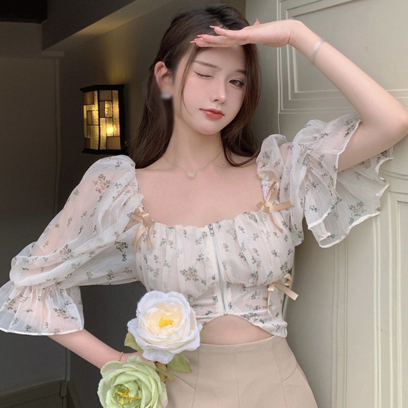 Women s Floral Crop Tops Square Collar Chiffon Puff Sleeve Short Sleeve Shirt Blouse Shopee Singapore