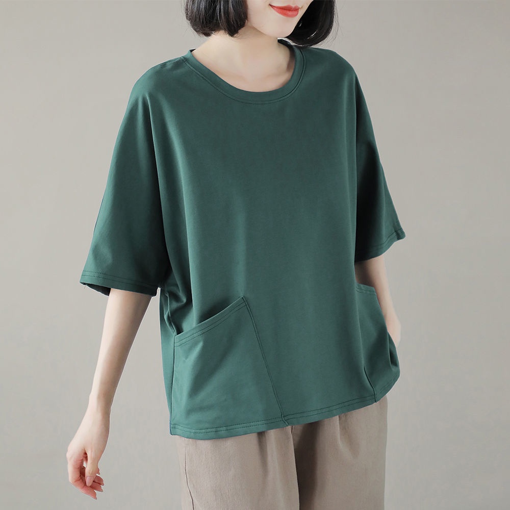 [Ready Stock Quick Shipment] 100% Pure Cotton tops Plus Size Women top Clothing Simple All-Match Casual Short-Sleeved t-Shirt tops women Korean style Five-Point Sleeve Loose tops